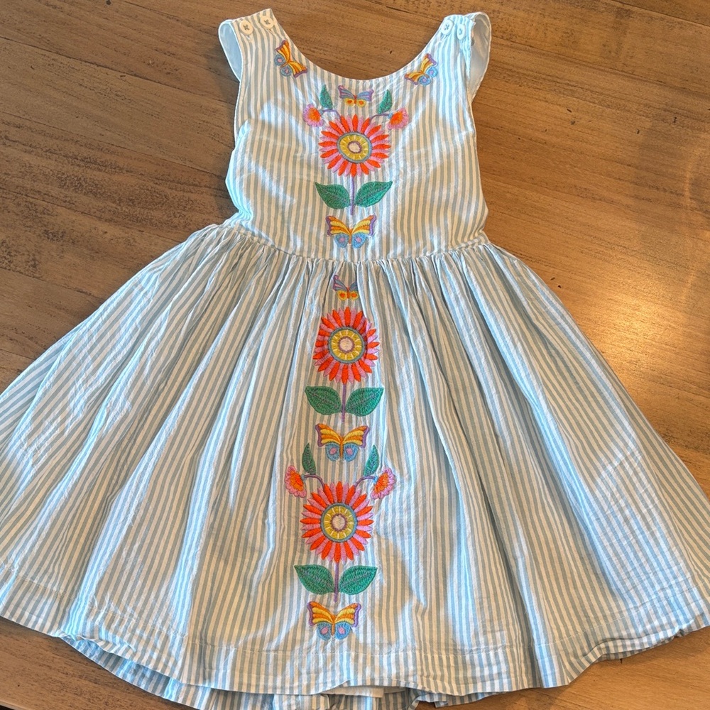 Mini Boden Blue Striped Dress with Floral Embroidery